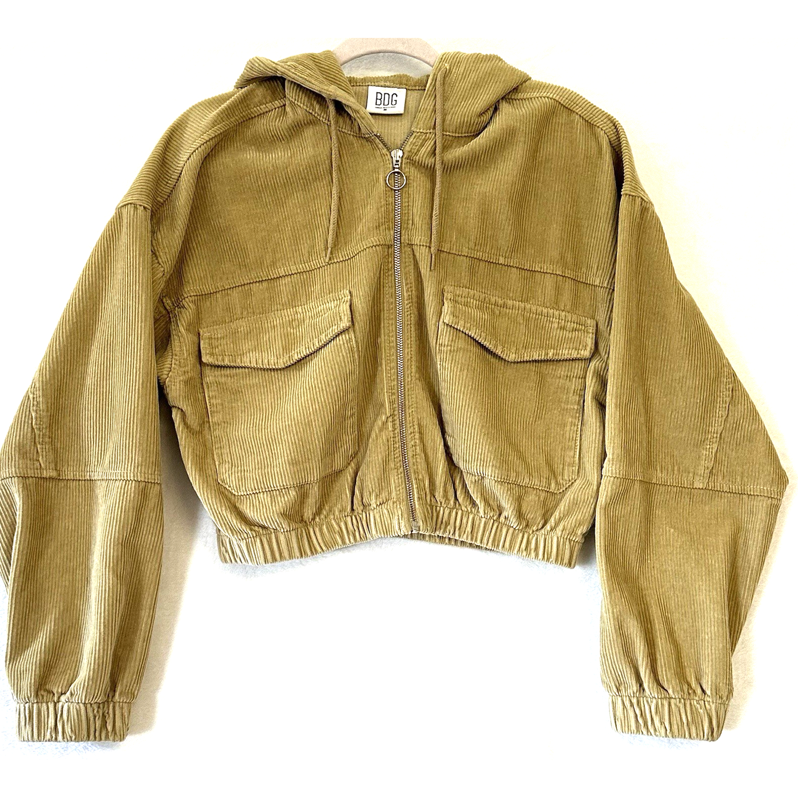 Urban Outfitters Bdg Tan Corduroy Patch Pocket Hoodie Cropped Bomber Jacket Med